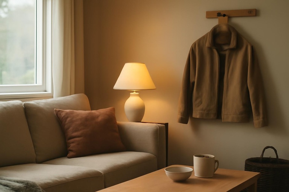 A cozy living room with soft lighting and a jacket on a hook
