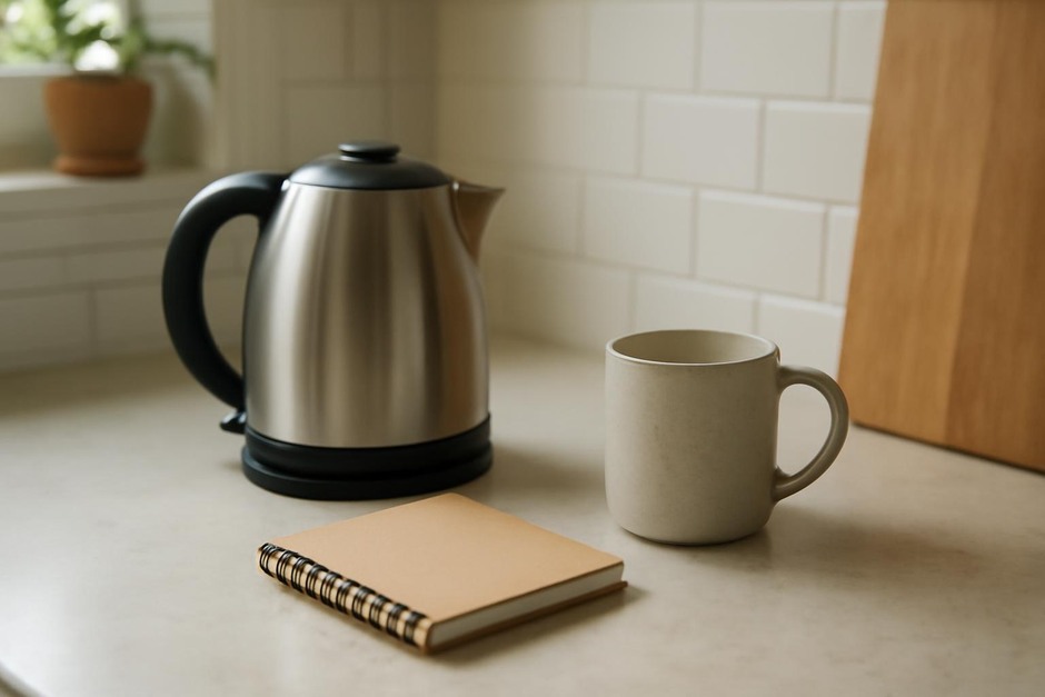 A tidy kitchen counter with a kettle, a cup, and a small notebook
