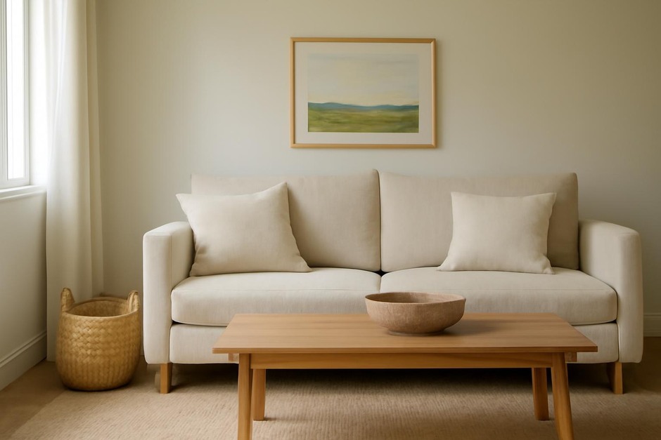 A tidy living room with cushions and a small basket
