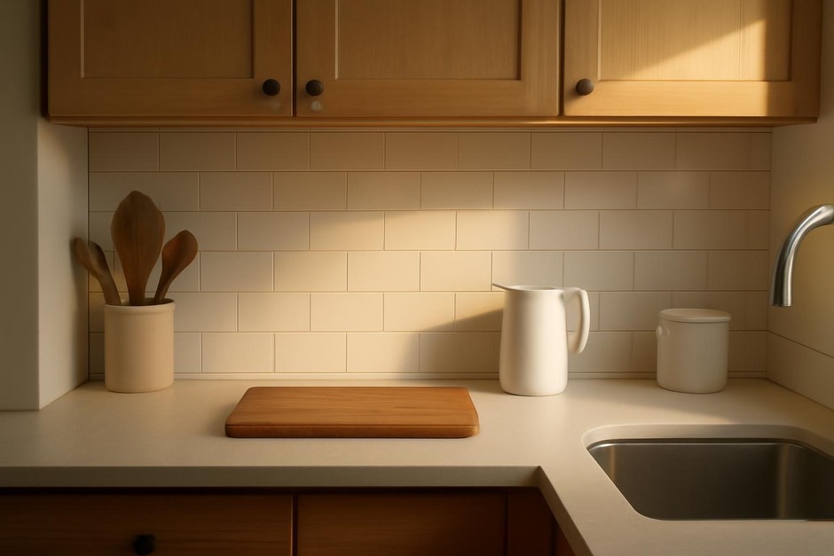 A small kitchen counter cleared and ready for morning light