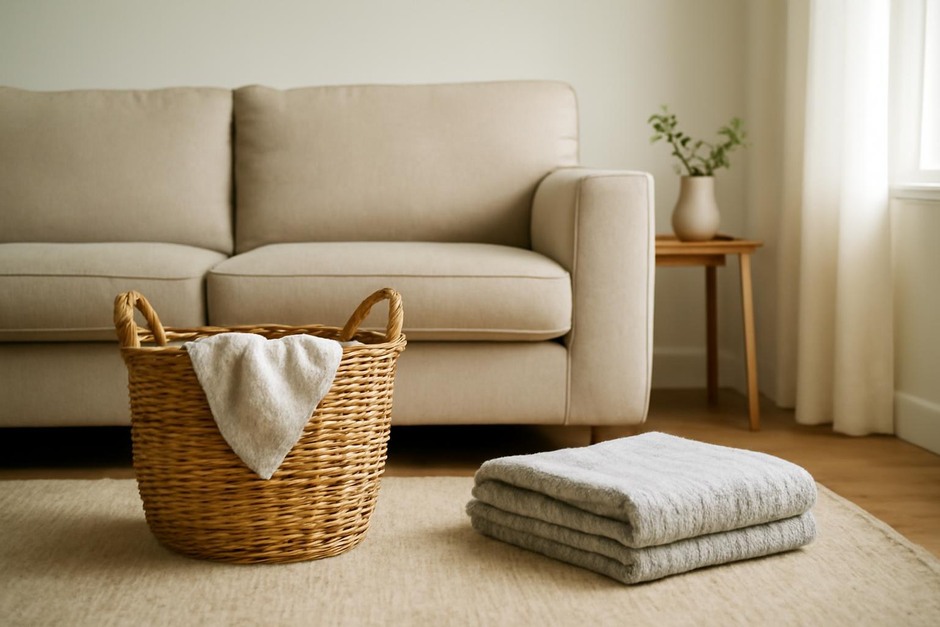 A tidy living room with a basket and folded throw